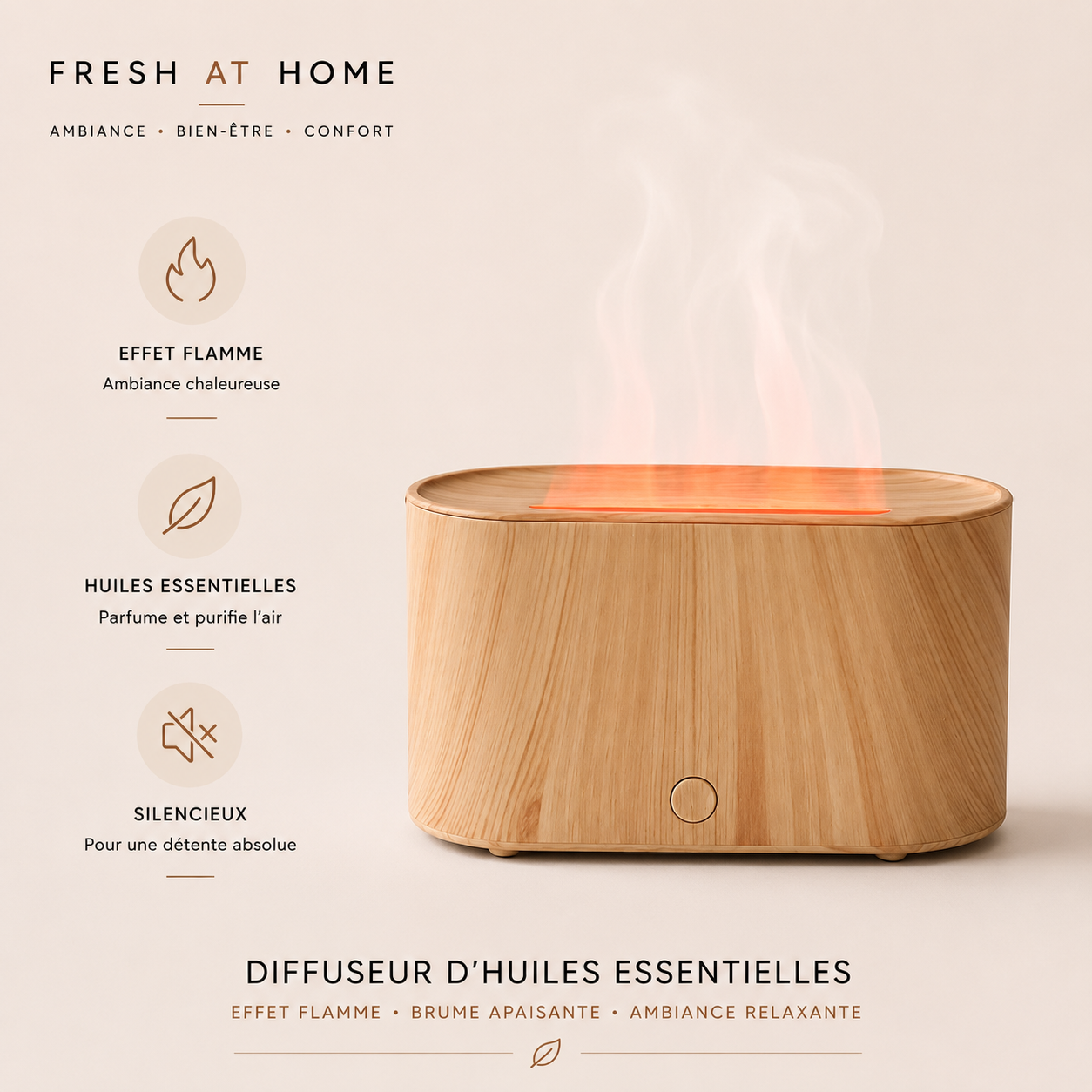 Diffuseur d'huiles essentielles effet flamme Fresh At Home finition bois clair