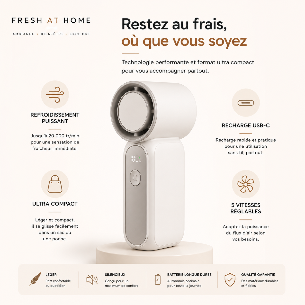 Ventilateur portable Fresh At Home avec 5 vitesses de ventilation et écran numérique