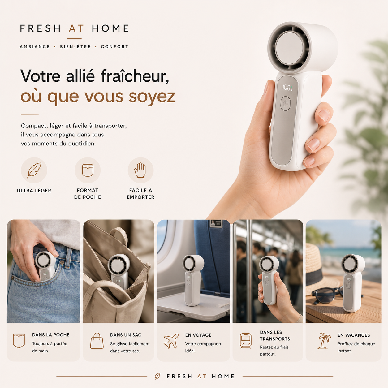 Ventilateur portable Fresh At Home facile à transporter au quotidien