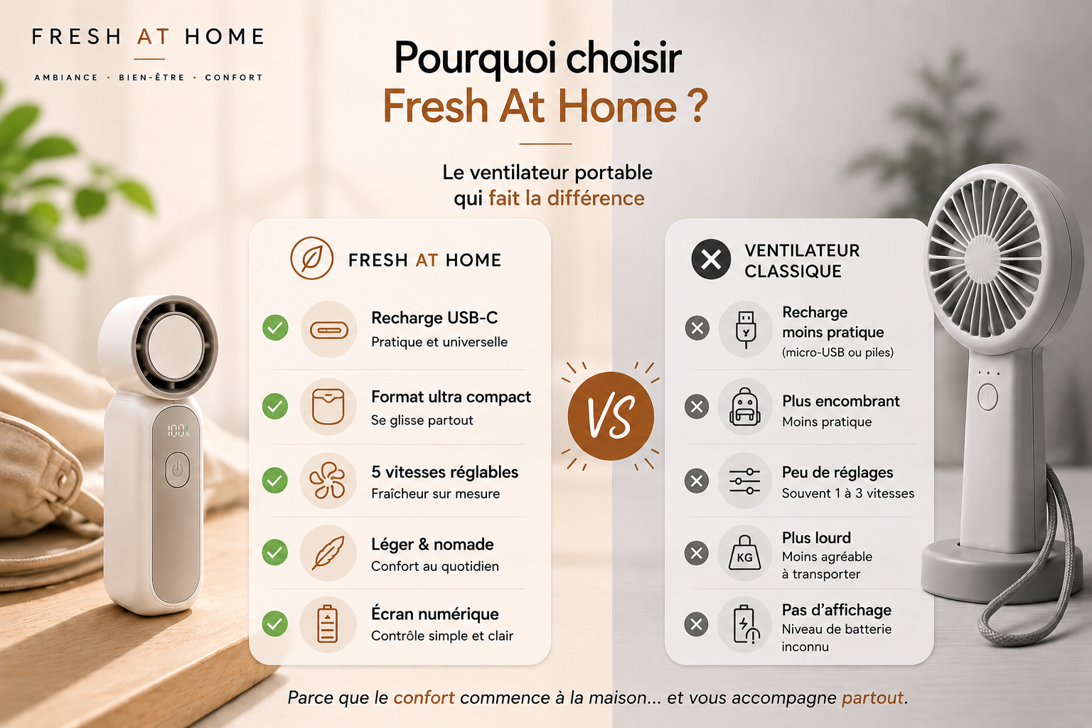 Comparatif entre le ventilateur portable Fresh At Home et un ventilateur classique
